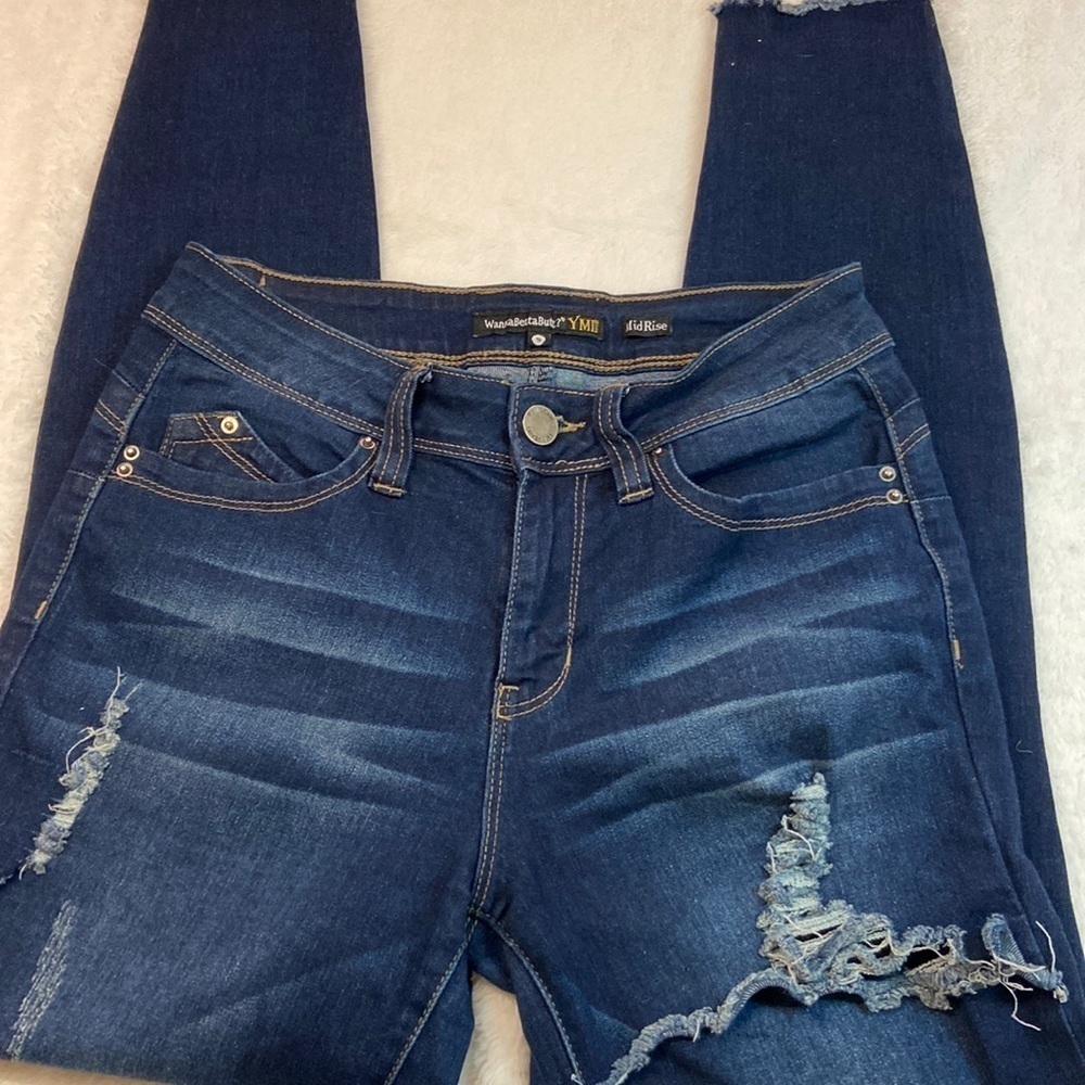 WannaBettaButt YMI Midrise Distressed Raw Hem Darkwash Denim/Denim Distressing